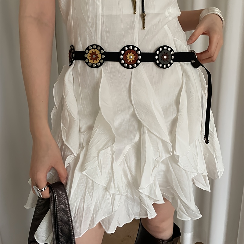 Boho PU Leather Belt: Colorful Circle & Star Studs Waist Strap